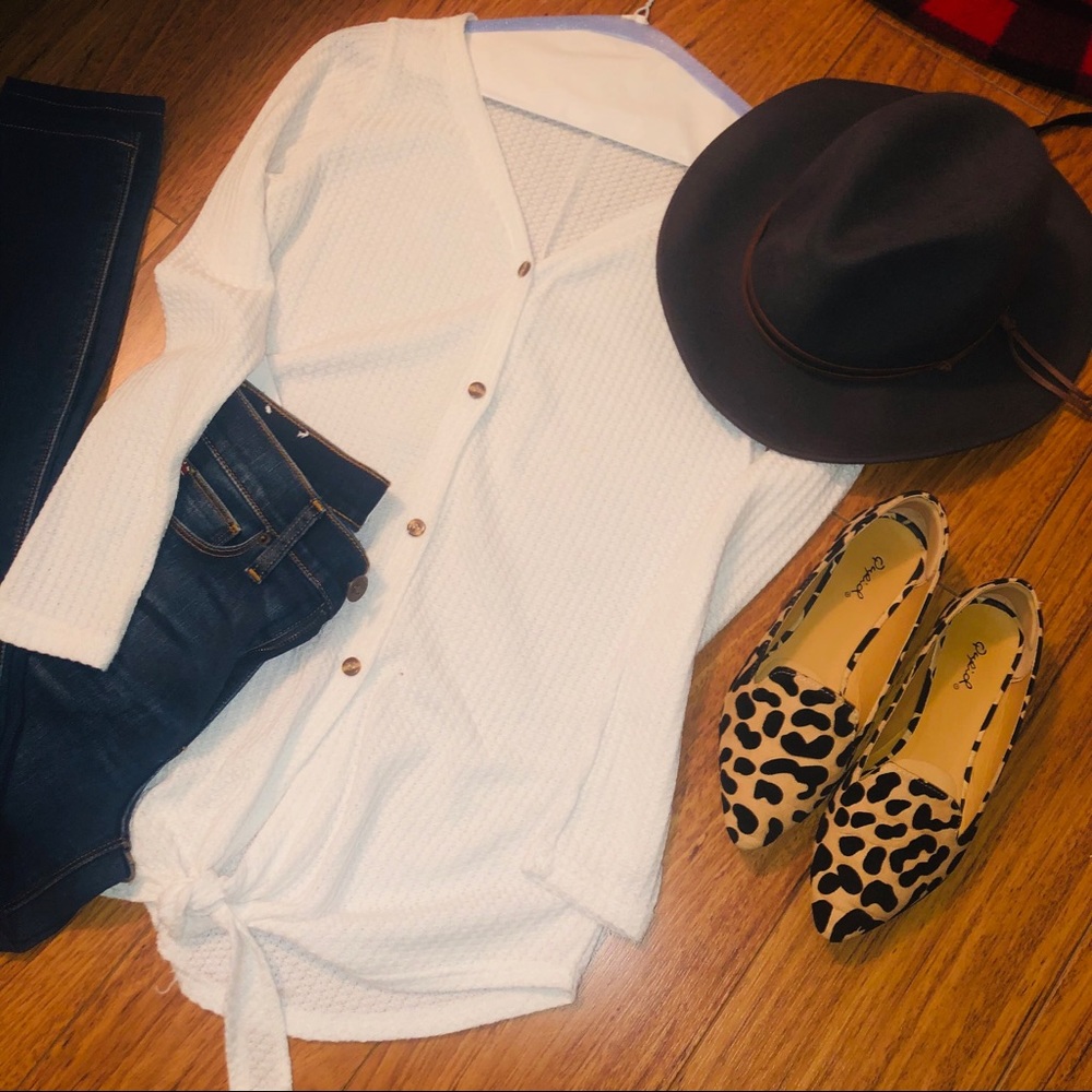 White tie-front Waffle Top